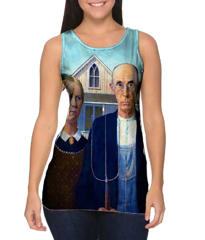 Plus Size Women's Embroidered Tank Tops in Boho StylesGrant Wood - "American Gothic" (1930) Plus Size Women's Embroidered Tank Tops in Boho StylesGrant Wood - "American Gothic" (1930)