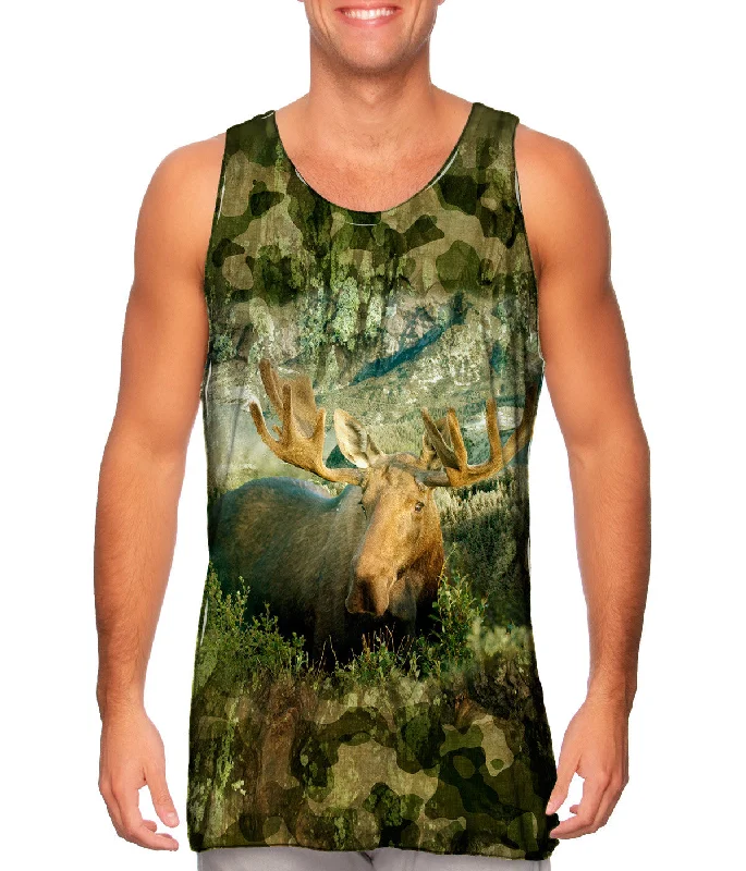 Crew Neck Women's Sustainable Tank Tops Made from Recycled MaterialsGreen Camo Moose
