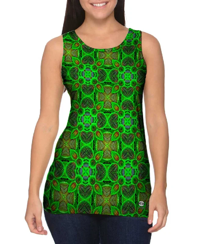Women's Longline Tank Tops with Abstract PrintsGreen Foliage Pattern
