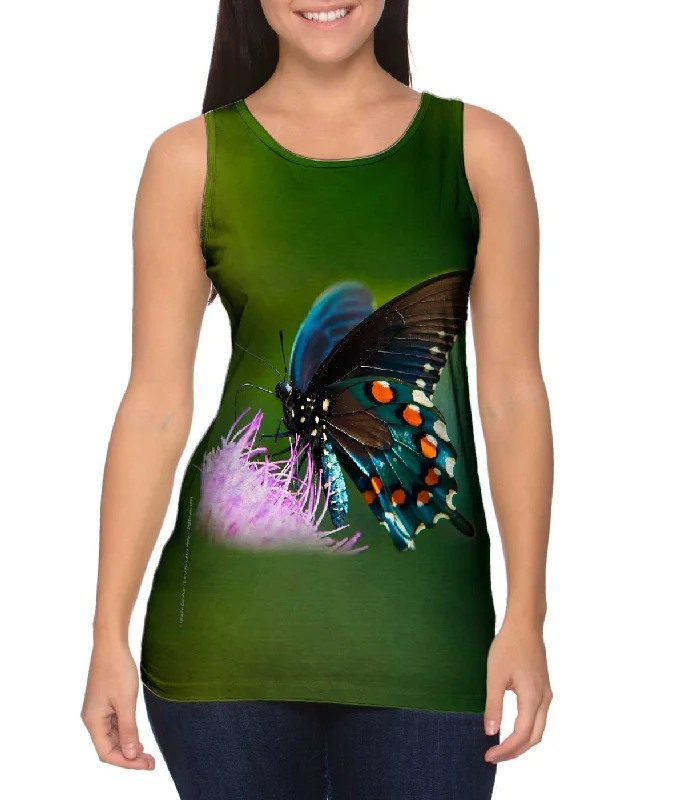 Plus Size Women's Embroidered Tank Tops in Boho StylesGreen Spotted Butterfly