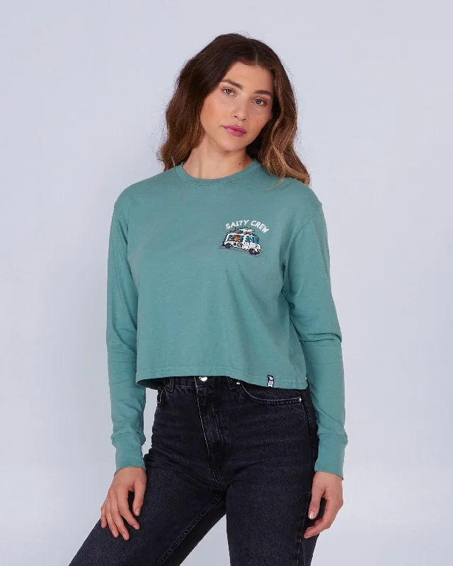 Women's convertible sleeve long sleeve twill shirtMoisture - Wicking Women T Shirt for Active LifestylesReels and Meals L/S Crop Tee - Dusty Turq Women's convertible sleeve long sleeve twill shirtMoisture - Wicking Women T Shirt for Active LifestylesReels and Meals L/S Crop Tee - Dusty Turq